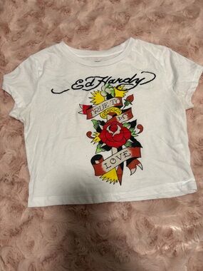 Ed Hardy White Tee with Red Rose Tattoo Graphic